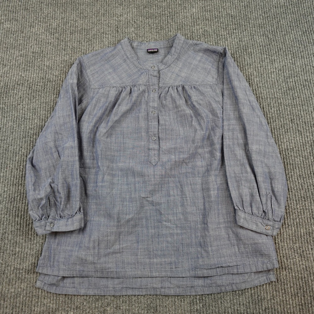Patagonia Settlers Top Shirt Womens 8 Blue Long Sleeve Henley Chambray Tunic